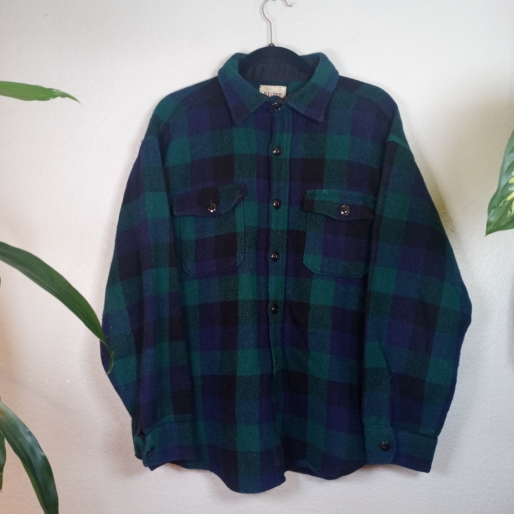Vintage Melton Wintermaster Purple Green Plaid Wool Button Down Barn Shacket Lg